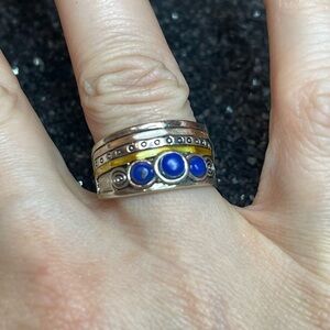 Artisan Lapis Stone Ring With Sliver, Gold & Copper Tone Handcrafted Band 7.5